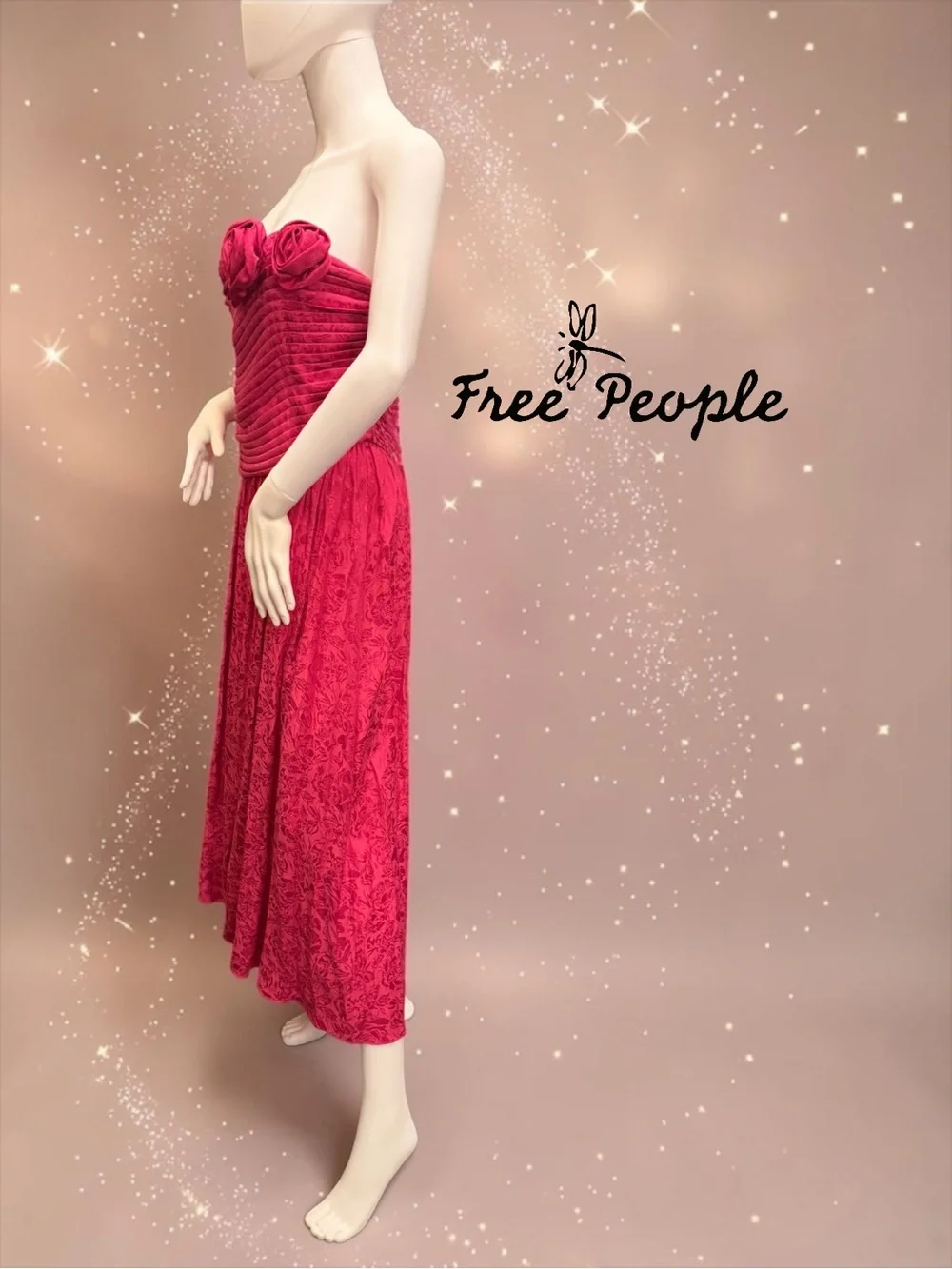 NWT Free People Make An Entrance Strapless Rosette Maxi Dress Fuchsia Size 8